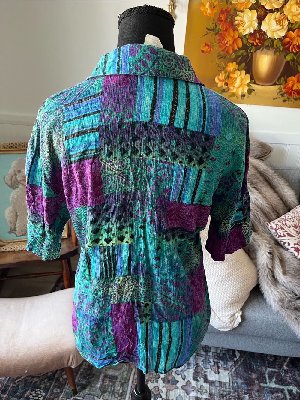 Women’s Vintage Teal, Purple & Black Button Front Shirt Size M fit - Picture 5 of 8